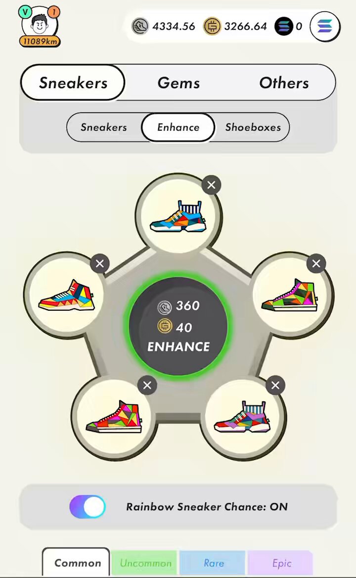 The image shows a phone screen with an app icon for a sneaker game, displaying five different sneakers arranged in a circle. The text on the screen reads "Enchant! Enhance! Rainbow Sneaker Chance!" and there are two buttons labeled "Common" and "StepN".