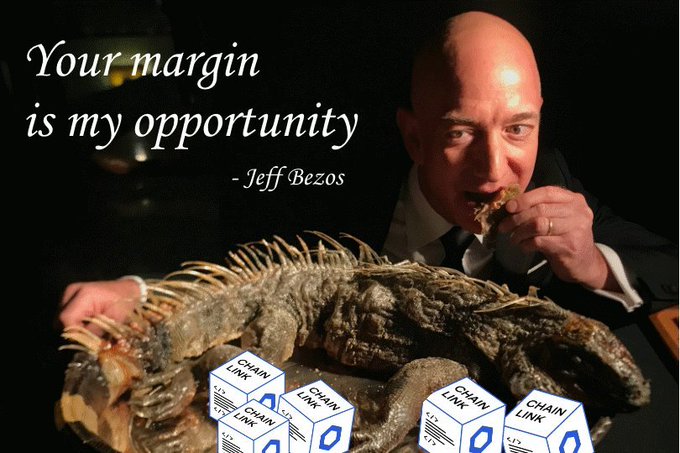 Meme featuring Jeff Bezos eating an iguana with the quote "Your margin is my opportunity" above him and several "CHAIN LINK" boxes overlaid in the foreground.