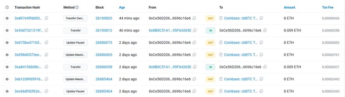 A screenshot of Ethereum blockchain transactions showing details like Transaction Hash, Method, Block, Age, From, To, Amount, and TxN Fee, with recent activity involving a Coinbase address.