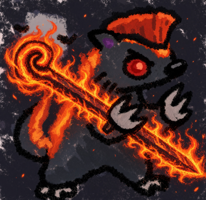 A digital painting of a dark, demonic-looking creature with glowing red eyes, a red mohawk, and large claws, wielding a sword engulfed in flames.