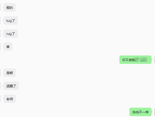 A Chinese chat conversation with gray bubbles on the left reading '假的', 'tug了', 'rug了', '草', '是啊', '退圈了', '老师' and green bubbles on the right reading '你又被派...' and '当当不一样'.