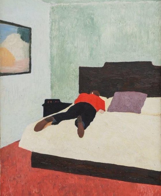A painting depicting a figure in a red top and dark pants lying face-down on a white bed, with a green wall, a purple pillow, and a framed picture in the background.
