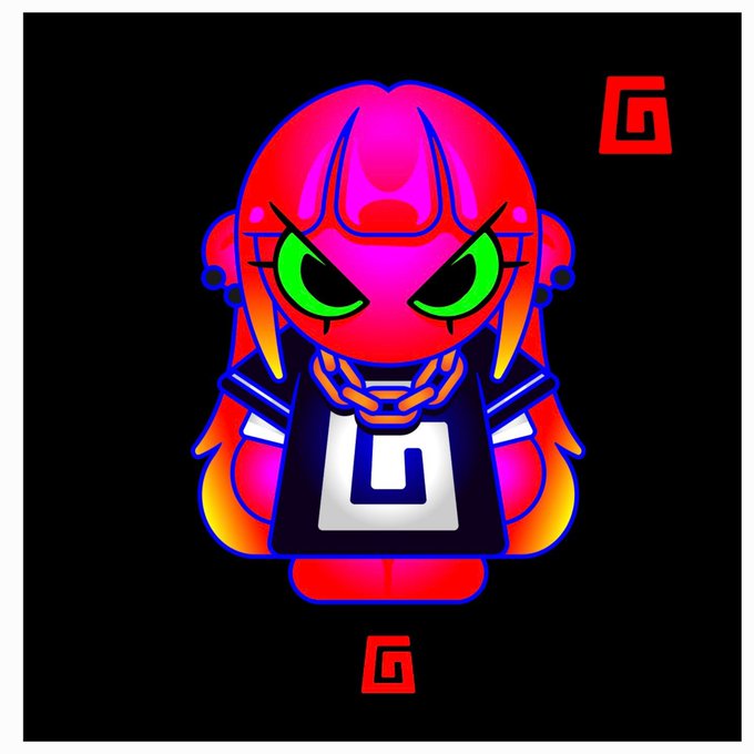 A neon-styled cartoon avatar with fiery orange hair, glowing green eyes, and a gold chain wears a black shirt featuring a prominent "G" logo, set against a black background with red "G" symbols in the corners, capturing the vibrant, hyped "GM" (good morning) crypto/NFT culture vibe referenced in the weekend greeting.
