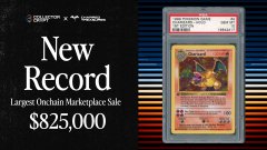 Promotional graphic announcing a 'New Record' for the largest Onchain Marketplace Sale with a PSA-graded Pokémon card valued at $825,000.