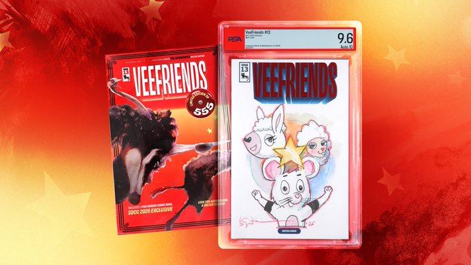 The image shows a PSA-graded "VeeFriends #10" comic book with a 9.6 mint grade displayed against a red star-spangled background, alongside a promotional card advertising an exclusive San Diego Comic-Con release limited to 555 copies with ultra-rare chases including 1/1s and autographs available at PSA booth #4237.