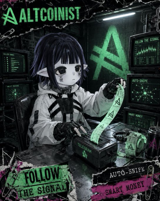 An anime-style digital illustration features a character operating a 'Telegram' device with a 'KÖNİ' banknote, labeled with 'ALTCOINIST,' 'FOLLOW THE SIGNAL,' 'AUTO-SNIPE,' and 'SMART MONEY.'