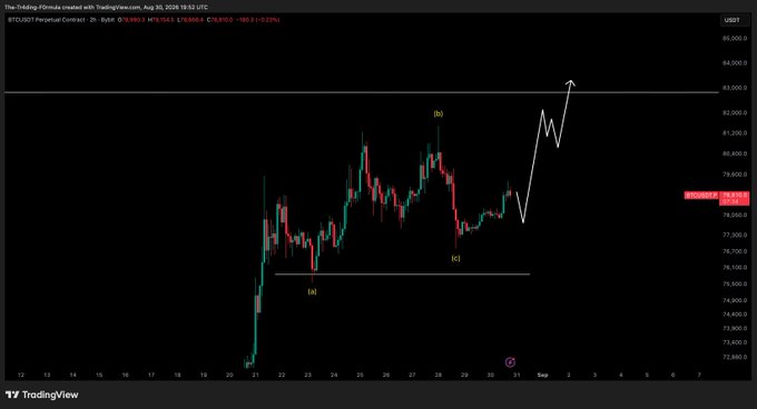 A Bitcoin (BTCUSD) 2-hour TradingView chart from The-Trading-Hub shows a completed five-wave impulsive move with waves labeled (a) and (b), followed by a downward arrow projecting a corrective pullback after the rally to roughly 82,000.