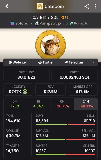 A DexScreener chart shows Catecoin (CATE/SOL) on Solana via PumpSwap with a price of $0.01822, market cap of $17.5M, and a 24-hour price change of -48.33%.