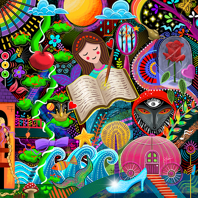 A vibrant, psychedelic digital artwork depicting a girl reading a magical book surrounded by whimsical fairytale elements including a red apple, mirror with rose, carousel, wolf, and enchanted forest. The illustration brings the "Living in a Fairy Tale" NFT collection by @zetsketches to life with its dreamlike, storybook imagery.