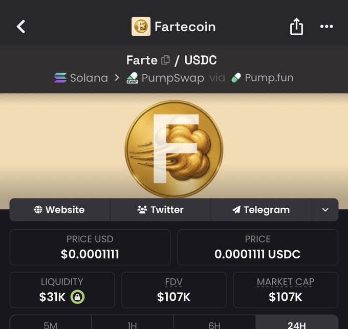 A crypto trading interface displays Fartecoin ($Farte) trading against USDC on Solana via PumpSwap, currently priced at $0.0001111 with a market cap of $107K and liquidity of $31K. The image supports the post's bullish sentiment about $Farte, showing a low-cap Solana meme coin positioned for a potential pump to 300k+.