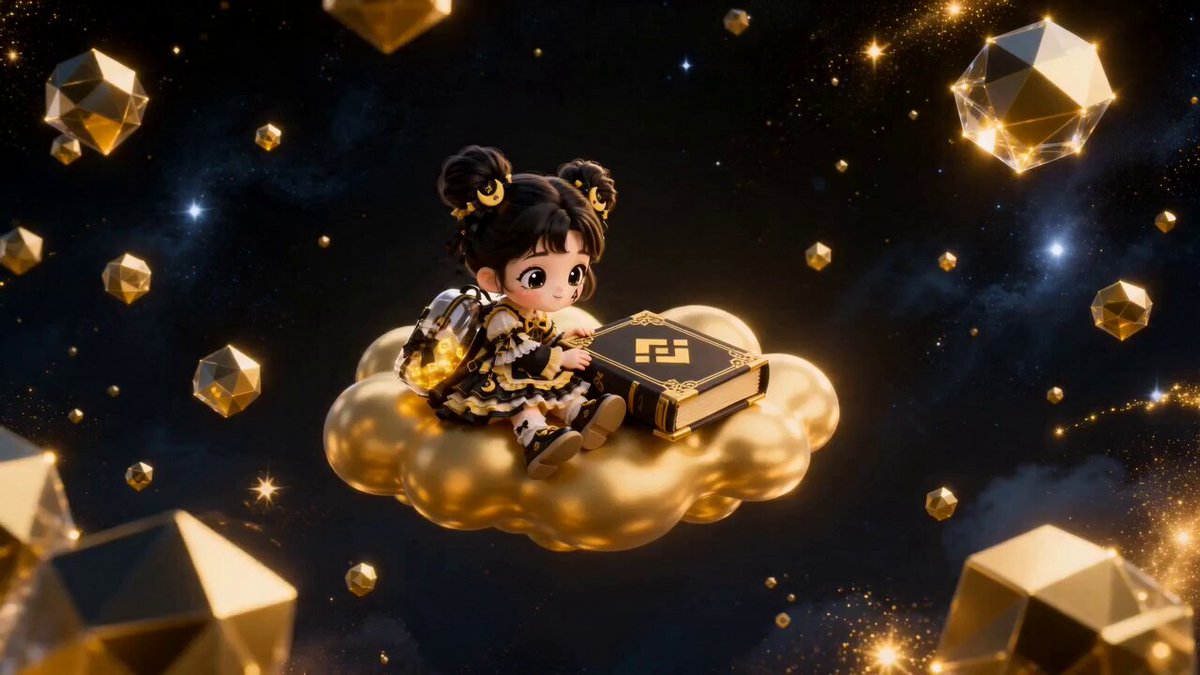 The image features a cartoon girl sitting on top of a cloud, holding a golden box with a symbol on it. The background consists of gold stars scattered throughout the scene, creating an illusion that she is floating among them. The caption below the image reads "从一只盲盒女孩开始， 我尝试用她的视角重新认识币安。 后来发现， 币安不只是交易的起点， 更是探索加密世界的入口".