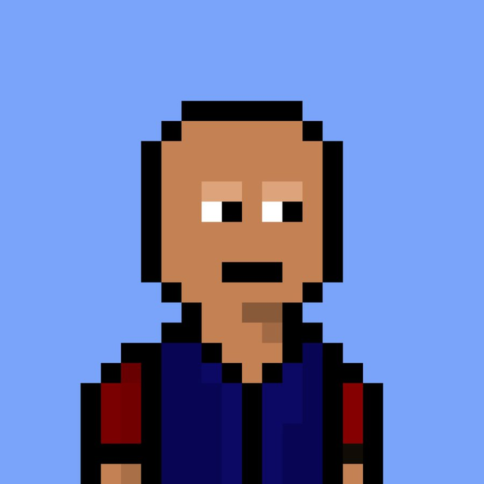 Pixel art portrait of a bald character with wide eyes wearing a blue and red outfit against a solid blue background.
