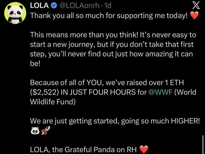 A tweet from LOLA (@LOLAonrh), a verified account with a panda profile picture, thanking supporters for helping raise over 1 ETH ($2,522) for the World Wildlife Fund (@WWF) in just four hours, with the caption signing off as "LOLA, the Grateful Panda on RH." This post aligns with the accompanying text highlighting LOLA's charitable mission of donating 50% of fees to WWF and its current $50k market cap milestone.