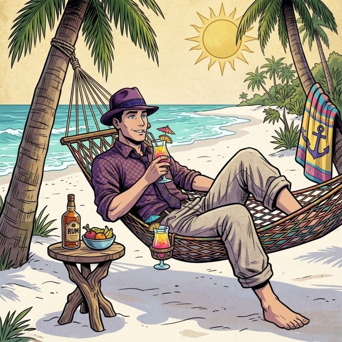 A relaxed man in a fedora lounges in a palm-shaded hammock on a sunny beach, sipping a tropical cocktail beside a bottle of "RUM," a fruit bowl, and an anchor-patterned towel—evoking a carefree, weekend-vibes Sunday.