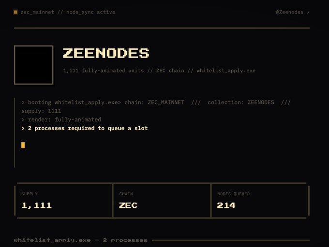 Zeenodes NFT project webpage on zec_mainnet showing 1,111 fully-animated units, 214 nodes queued, with a terminal-style interface indicating 2 processes required to queue a slot.