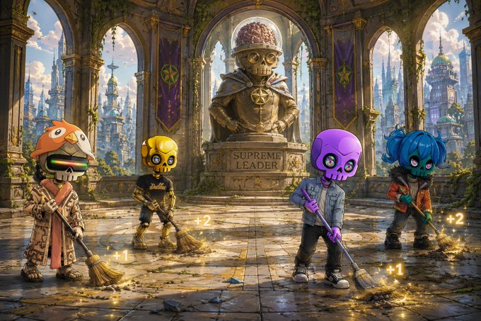 The image features a group of cartoon characters, including four people wearing costumes, cleaning up an area with brooms. The characters are positioned around a large statue or monument, which appears to be a part of a castle-like structure. The scene is set in a museum or art gallery, as indicated by the presence of the painting and the overall atmosphere. The post about the art gallery also mentions that there are 75 prizes available for those who participate in the cleaning activity.
