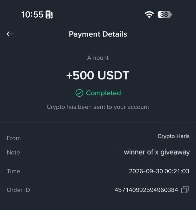 The image displays a "Payment Details" screen showing a completed transaction of +500 USDT, sent from "Crypto Haris" with the note "winner of x giveaway," dated 2026-09-30 at 00:21:03, with an Order ID of 457140992594960384. This screenshot serves as proof that the user @Crypto__Haris fulfilled his promise of sending $500 USDT to a giveaway winner.