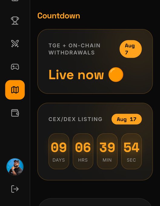 A "Countdown" tracker for a crypto project shows "TGE + ON-CHAIN WITHDRAWALS" is live as of Aug 7, with a CEX/DEX LISTING countdown to Aug 17 showing 09 days, 06 hours, 39 minutes, 54 seconds remaining—illustrating the delayed timeline referenced in the caption warning about over-promised airdrop expectations.