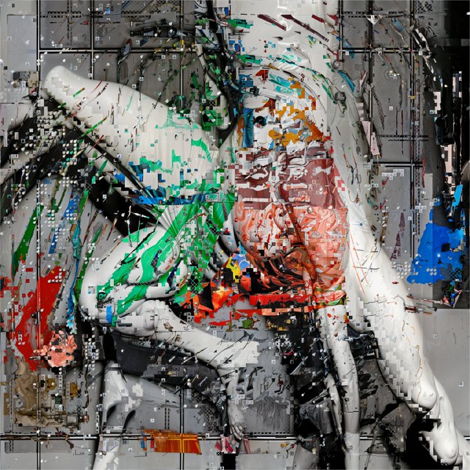 A chaotic, glitchy, and pixelated abstract artwork depicting intertwined humanoid figures rendered with vibrant red, green, blue, and orange fragments over a gray tiled background.