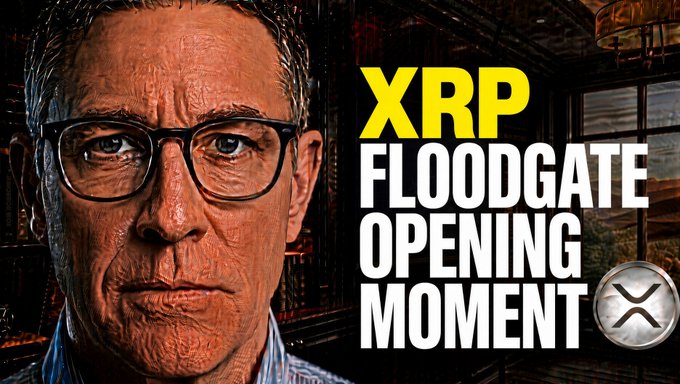 The image features a YouTube thumbnail with a close-up of an older man wearing glasses on the left side, set against a dark, rustic wooden background, while bold yellow and white text on the right reads "XRP FLOODGATE OPENING MOMENT" alongside a silver XRP coin graphic, visually reinforcing the post's bold claim that XRP could surpass Bitcoin and that regulatory clarity will trigger a major price breakout.