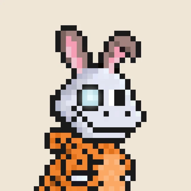A pixel art image of a cute rabbit-like character with pink and brown ears and an orange and black striped shirt.