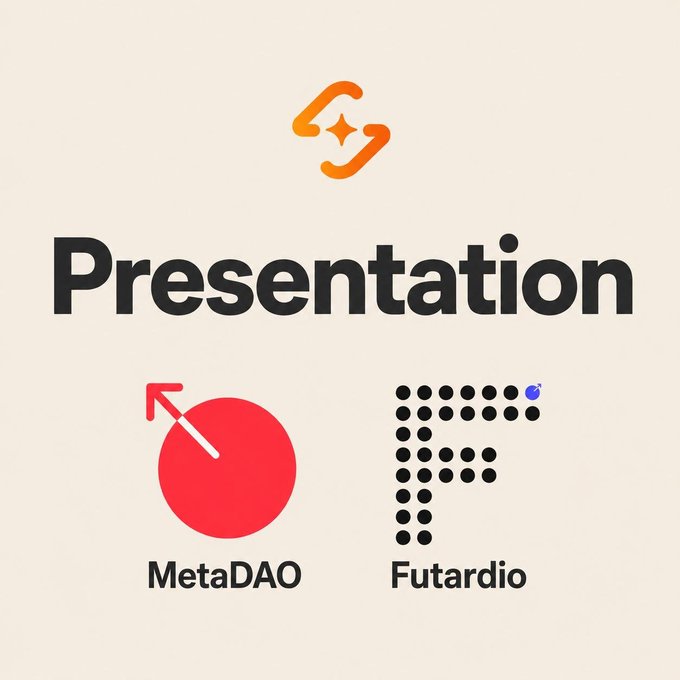 A presentation slide titled 'Presentation' featuring two logos: 'MetaDAO' represented by a red circle with an arrow, and 'Futardio' shown with a dotted 'F' design.