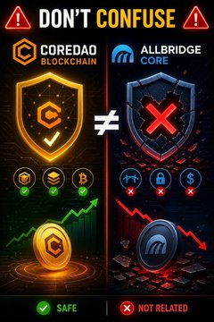 A warning graphic highlighting a name confusion between "Coredao Blockchain Core ($CORE)" and "Allbridge Core," visually marked as "NOT RELATED" with shields and symbols showing the legitimate Core blockchain is safe while Allbridge Core, a bridge protocol, was the one hacked (~$1.1M–$1.65M).