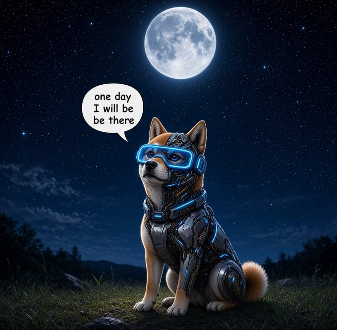 A Shiba Inu dog wearing futuristic mechanical cybernetic armor and glowing blue goggles sits on grass under a starry night sky with a full moon, with a speech bubble reading 'one day I will be there.'