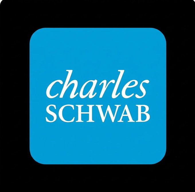 Charles Schwab logo displayed as a blue rounded square app icon with white text in elegant typography against a black background.