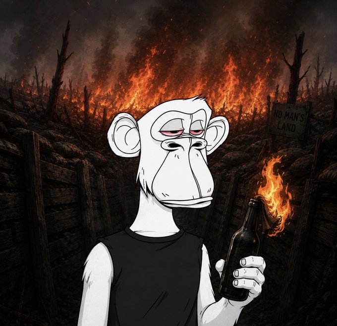 A cartoon monkey character in a black tank top holding a Molotov cocktail, standing before a fiery battlefield with a sign reading 'NO MAN'S LAND'.