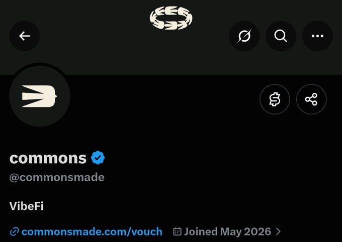 A Twitter/X profile page for "commons" (@commonsmade) featuring their VibeFi project, with the bio showing a link to commonsmade.com/vouch and indicating they joined in May 2026. The profile image shows the distinctive commons logo, and the post context explains VibeFi's vouching and slashing system for The Commons airdrop.