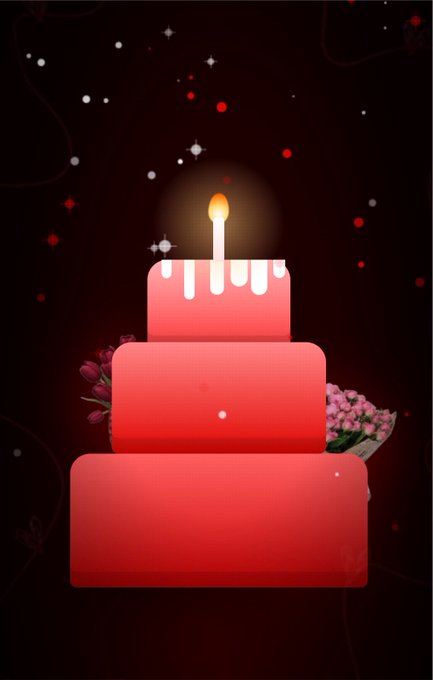 A digital illustration of a three-tier red birthday cake with a single lit candle, decorated with pink flowers and set against a dark background with sparkles and stars.