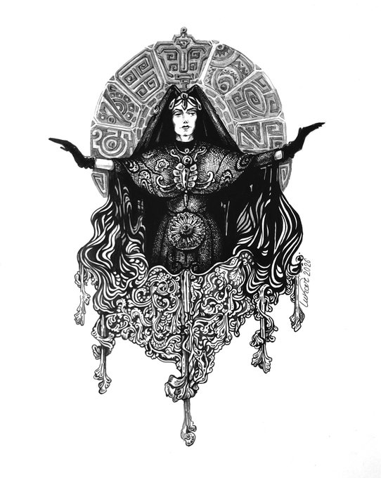 An intricate black and white illustration of a mystical figure with outstretched arms, surrounded by an ornate mandala-like halo and flowing decorative patterns.