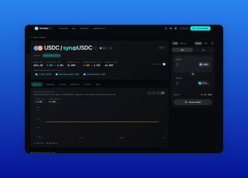 A dark-themed cryptocurrency trading dashboard displayed on a screen against a blue background, showing the USDC/synpUSDC trading pair with various metrics and a price chart.