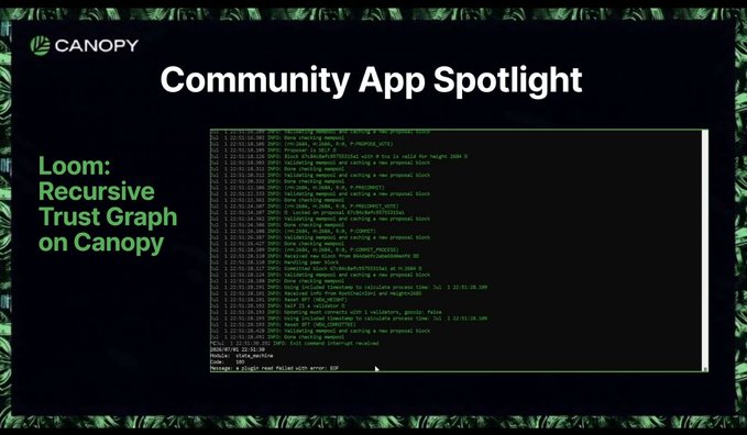 A presentation slide titled 'Community App Spotlight' by Canopy, featuring 'Loom: Recursive Trust Graph on Canopy' with a terminal screenshot showing versioning and reformatting logs dated January 2024.