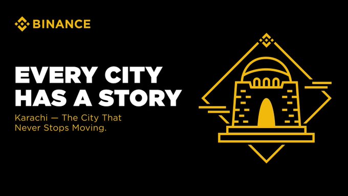 A Binance promotional graphic with a black background features the yellow Binance logo and text reading "EVERY CITY HAS A STORY — Karachi — The City That Never Stops Moving," alongside an illustration of a yellow architectural monument resembling the Mazar-e-Quaid within a diamond frame, launching the first stop of Binance PK's "Every City Has a Story" campaign.