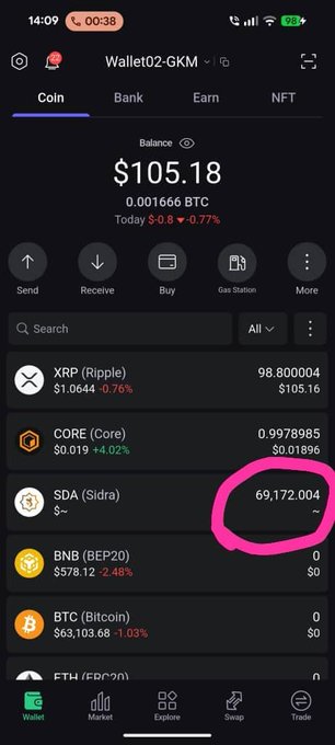 A mobile wallet screenshot titled "Wallet02-GKM" displays a balance of $105.18 (0.001666 BTC) with SDA (Sidra) holdings of 69,172,004 tokens circled in pink, supporting the post's claim that the user has positioned themselves in Sidra.