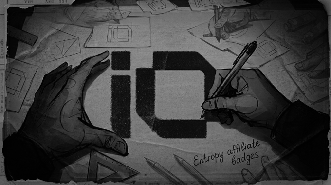A black-and-white illustration shows hands drawing the LinkedIn 'in' logo, with the text 'Entropy affiliate badges' in the corner.