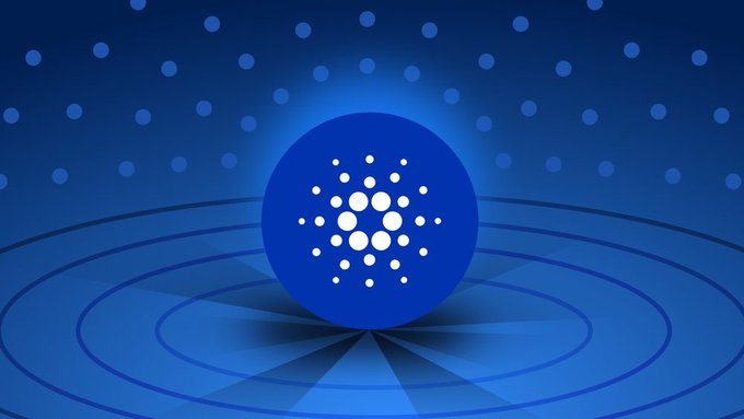 The image displays the Cardano (ADA) logo—a blue sphere with a dotted pattern—sitting on radiating concentric circles against a starry blue background. This relates to the post by highlighting Cardano as one of two cryptocurrencies being compared for its future potential against SUI.