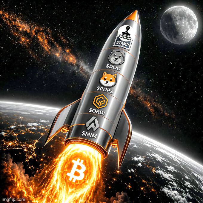 A digital illustration of a silver rocket launching from Earth into space, adorned with cryptocurrency-themed stickers and logos including $DOG, $PUPS, $ORDI, and $MIM, with a Bitcoin symbol in the flames.