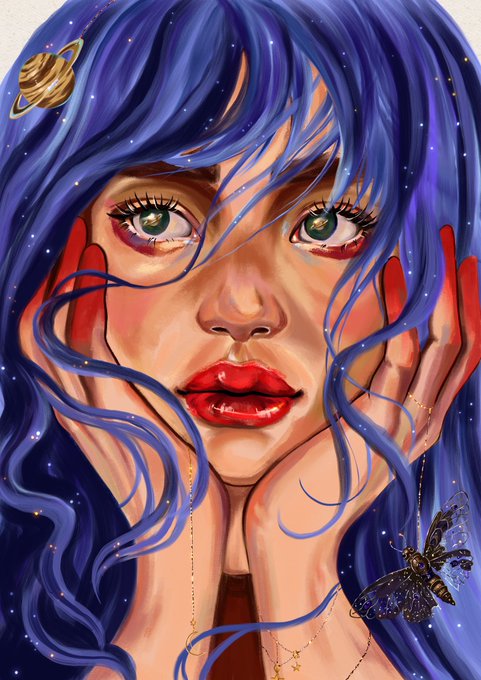 A detailed digital painting portrays a woman with flowing purple hair containing tiny stars, bright green eyes, and bold red lipstick resting her face in her hands. The artwork is decorated with a small gold planet near her hair and a dark butterfly near her shoulder.