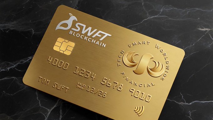 A gold SWFT Blockchain credit card displayed on a dark marble surface, featuring an EMV chip, card number '4000 1234 5678 9010', expiration '12/28', cardholder 'TOM SWFT', and a 'Tech, Smart, Worldwide, Financial' emblem.