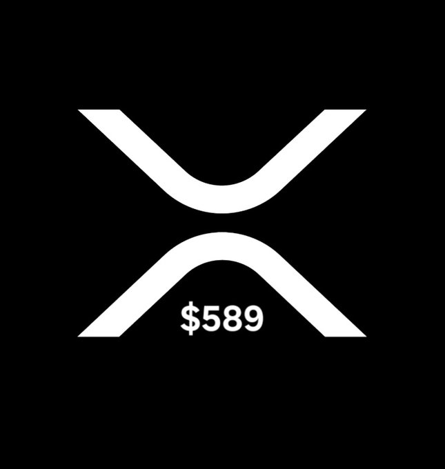 The image features a simple logo for a cryptocurrency called XRP, which appears as a curved letter "X" with a vertical "V" attached below it, all rendered in white against a black background. The price of this XRP token is $5,899. At first glance, the image might seem like an advertisement or promotional material, but upon closer inspection, there's a caption that provides insight into how the price was calculated: "How XRP will reach $300 (324.22) *Part 5", which implies that XRP would reach approximately $300 within five years when all factors are taken into consideration. The post discusses these factors and their impact on the XRP token's value, providing a mathematical explanation behind its expected price change over time.