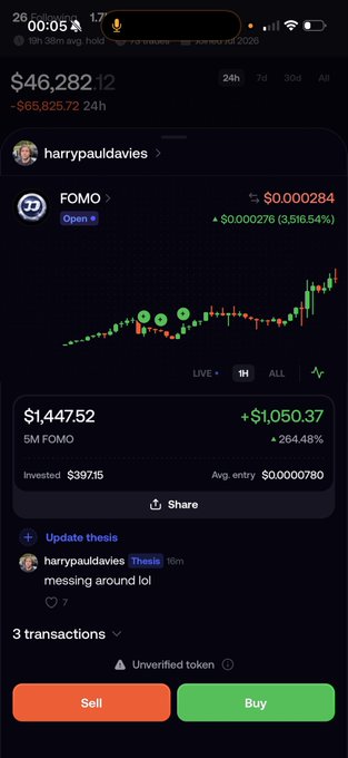 A Robinhood portfolio screenshot shows a total value of $46,282.12 (down $65,825.72 in 24h), featuring a FOMO token position of $1,447.52 (+264.48%) on 5M shares with a thesis update reading "messing around lol" from user harrypauldavies. This illustrates the author's late-night gambling mindset, reinforcing their caption about "round tripping $230,000" and treating most trades as nothing more than reckless "SLOP" bets.