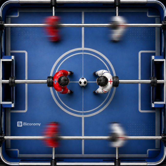 A top-down view of a foosball table featuring Norway (red) vs. England (white) figurines battling over a soccer ball in the center, with the "Biconomy" logo displayed in the corner. The image visually represents the trading post's theme of competition and prediction, using the head-to-head matchup metaphor to symbolize market battles between two sides where only one can emerge victorious.