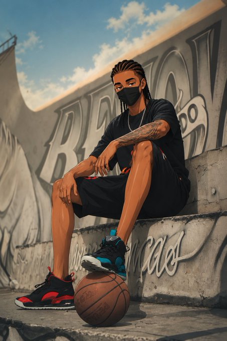 A digital artwork depicts a young man with braided hair and a face mask sitting on concrete steps with a basketball at his feet, with graffiti visible on the wall behind him.