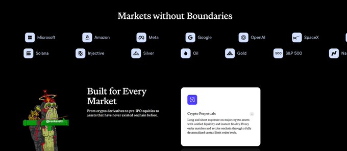 A promotional graphic titled 'Markets without Boundaries' displays logos for Microsoft, Amazon, Meta, Google, OpenAI, SpaceX, Solana, Injective, Silver, Oil, Gold, and S&P 500, with a 'Crypto Perpetuals' feature section.