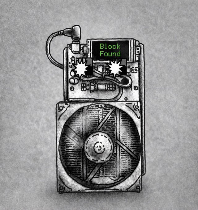 The image features a black and white drawing of an old computer fan with a green screen that says "Block Found" at the top, along with a small amount of text below it. The drawing also includes a small green star next to the word "found". The background is gray, providing a contrast to the main subject of the image.