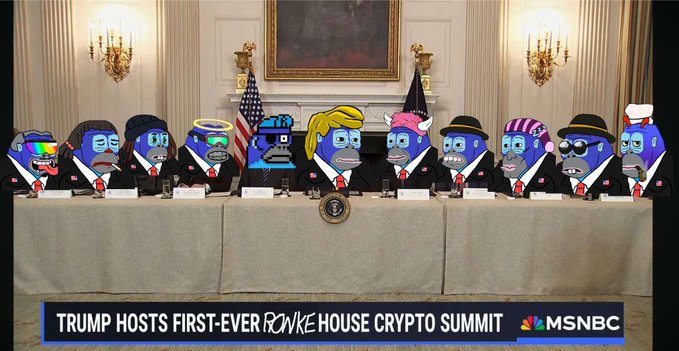 An MSNBC news screenshot shows a row of cartoon avatars with blue faces seated at a White House table, with a chyron reading 'TRUMP HOSTS FIRST-EVER WHITE HOUSE CRYPTO SUMMIT'.