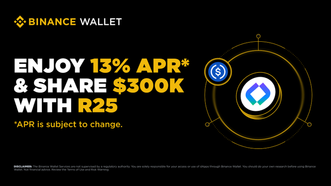 Binance Wallet promotional graphic featuring a gold-and-black design with the Binance Wallet logo, announcing "Enjoy 13% APR* & Share $300 with R25," alongside a USDC coin and the Pharos Network emblem, highlighting the limited-time DeFi vault yield opportunity described in the post.